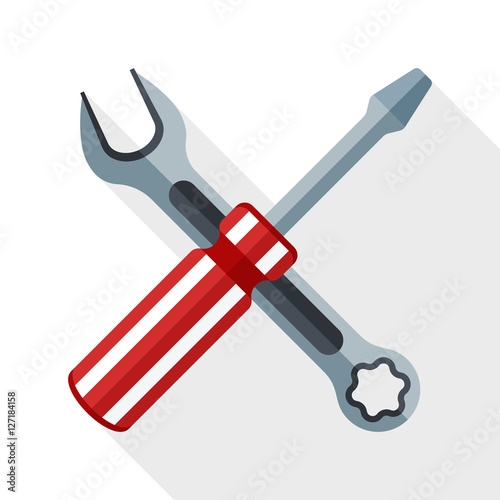 Simple vector icon of a screwdriver and a wrench in flat style with long shadow on a white background. Hand tools for repair and construction