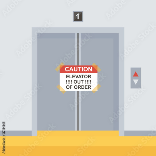 Flat design elevator doors icon, vector illustration with sign out of order.
