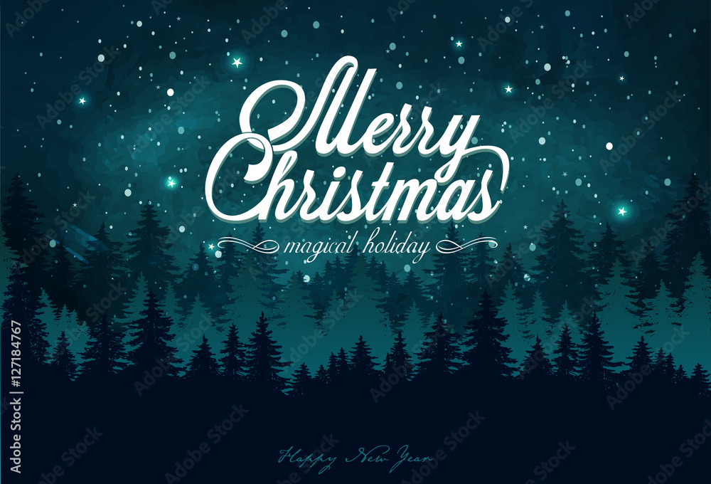 Christmas card with a magic night sky, forest and snowfall