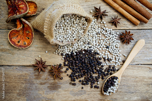Spices and herbs for cooking background. Group of spices on wooden background and selective focus. photo