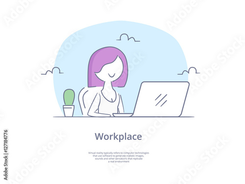 Premium Quality Line Icon And Concept Set: Young beautiful businesswomen work on portable laptop computer, freelancer, girl at workplace.