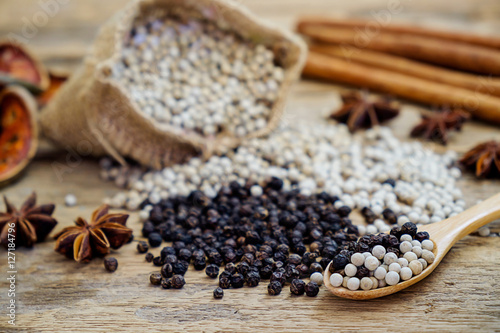 Spices and herbs for cooking background. Group of spices on wooden background and selective focus. photo