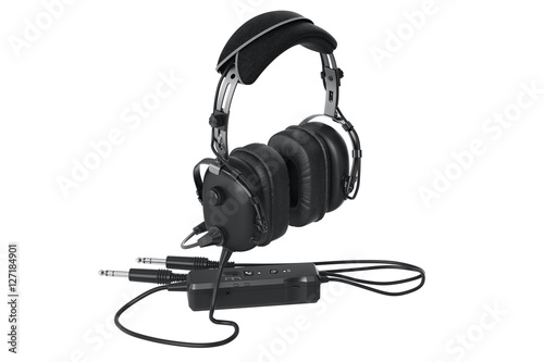 Headphones aviation digital device with controller. 3D graphic
