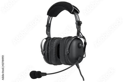 Headphones aviation black matted equipment. 3D graphic