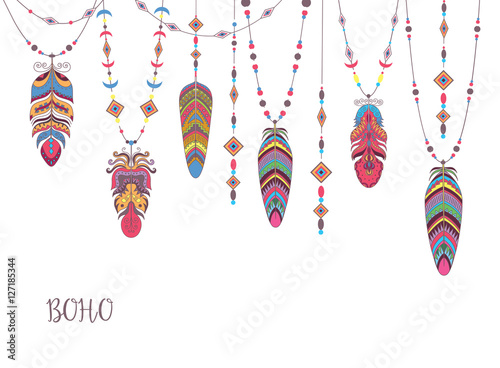 Boho Abstract Design with Bird Feather and Beads.