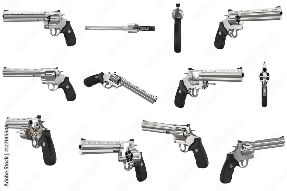 Revolver firearm gun chrome cowboy western set. 3D graphic