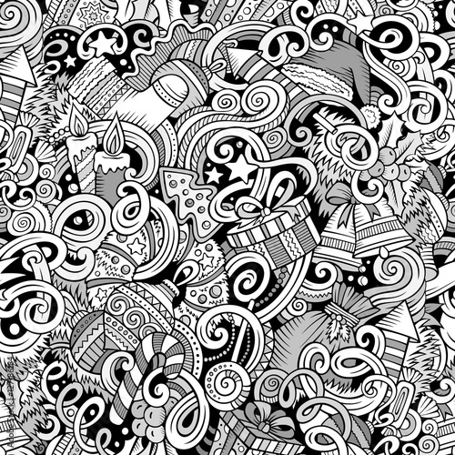 Cartoon cute doodles New Year seamless pattern