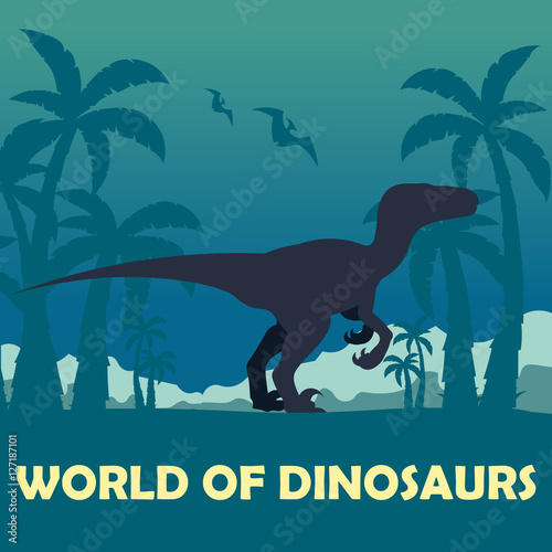 Banner World of dinosaurs. Prehistoric world. Velociraptor. Cretaceous period.