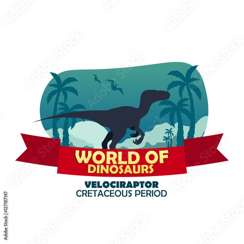 Banner World of dinosaurs. Prehistoric world. Velociraptor. Cretaceous period.
