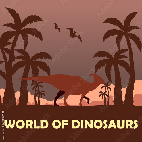 Banner World of dinosaurs. Prehistoric world. Parasaurolophus. Cretaceous period.