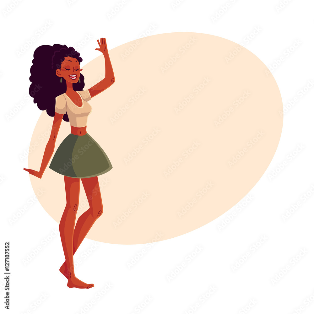 Young barefooted african american woman dancing, cartoon style vector  illustration isolated on yellow background. Young and beautiful black woman,  teenager, girl dancing at a party in skirt, t-shirt Stock Vector | Adobe