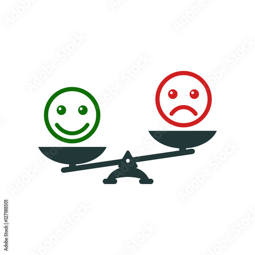 Smiley emoticons different mood on scales, vector icon. Positive attitude as advantage. Happiness versus sadness.