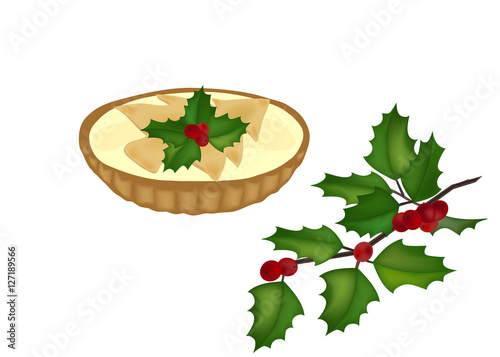mince pie and holy tree branch on white vector