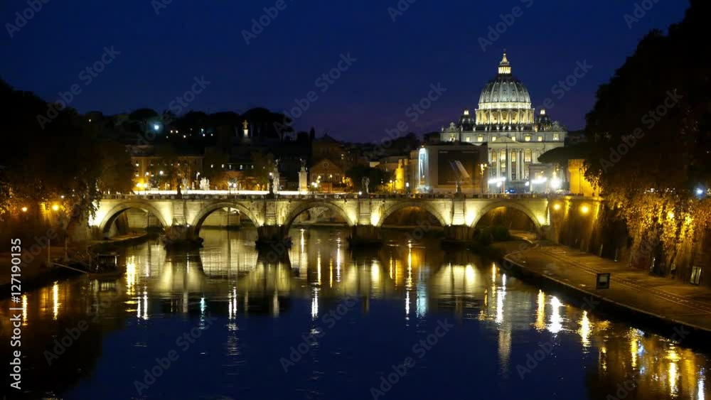 Amazing night shot of Tiber River and its bridges in Rome - with a view over Vatican Amazing night shot of Tiber River and its bridges in Rome - with a view over Vatican