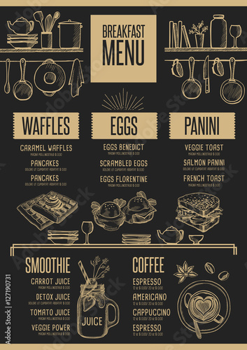 Menu breakfast restaurant, food template placemat.
