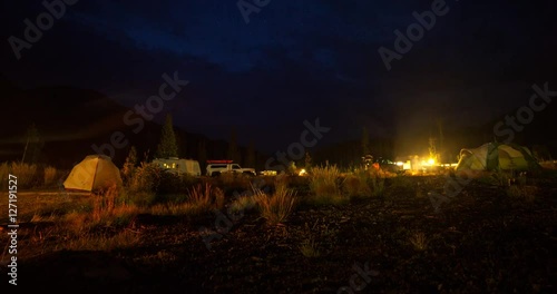 Rocky Mountain National Park, Colorado, USA - Timber Creek Campground with tents, camper vans and campfires at night - Timelapse with pan right to left 