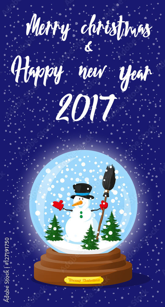 Fototapeta premium Merry Christmas and Happy New Year 2017 banner. Cute glass Snow Globe souvenir. Snowflakes, christmas tree and funny Snowman. Cartoon style. Concept poster, flyer, greeting card. Vector illustration