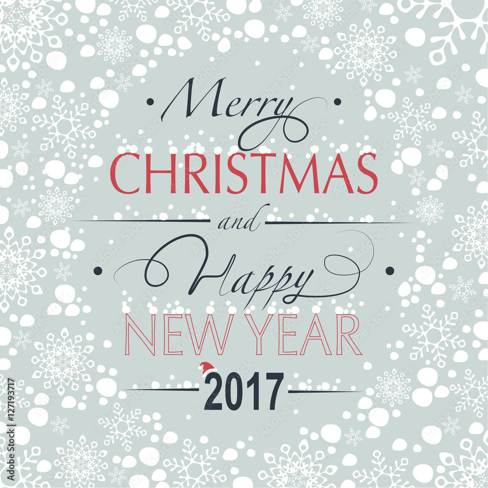 Greeting card. The phrase merry christmas and happy new year and numbers: two, zero, one ,seven on a gray background in the oval. On the letters and the background of snow and snowflakes are falling.