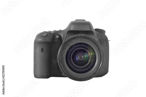 Isolated DSLR professional photo camera with a 35 mm lens 
