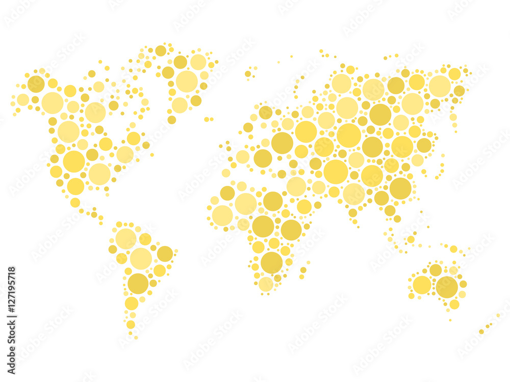 Obraz premium World map mosaic of yellow dots in various sizes and shades on white background. Vector illustration. World map background theme.