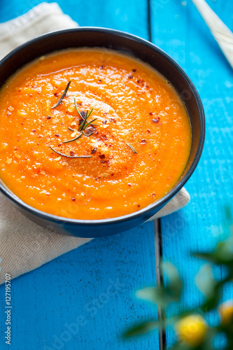 Roasted Red Pepper and Carrot Soup in the Bowl, Vertical Top View