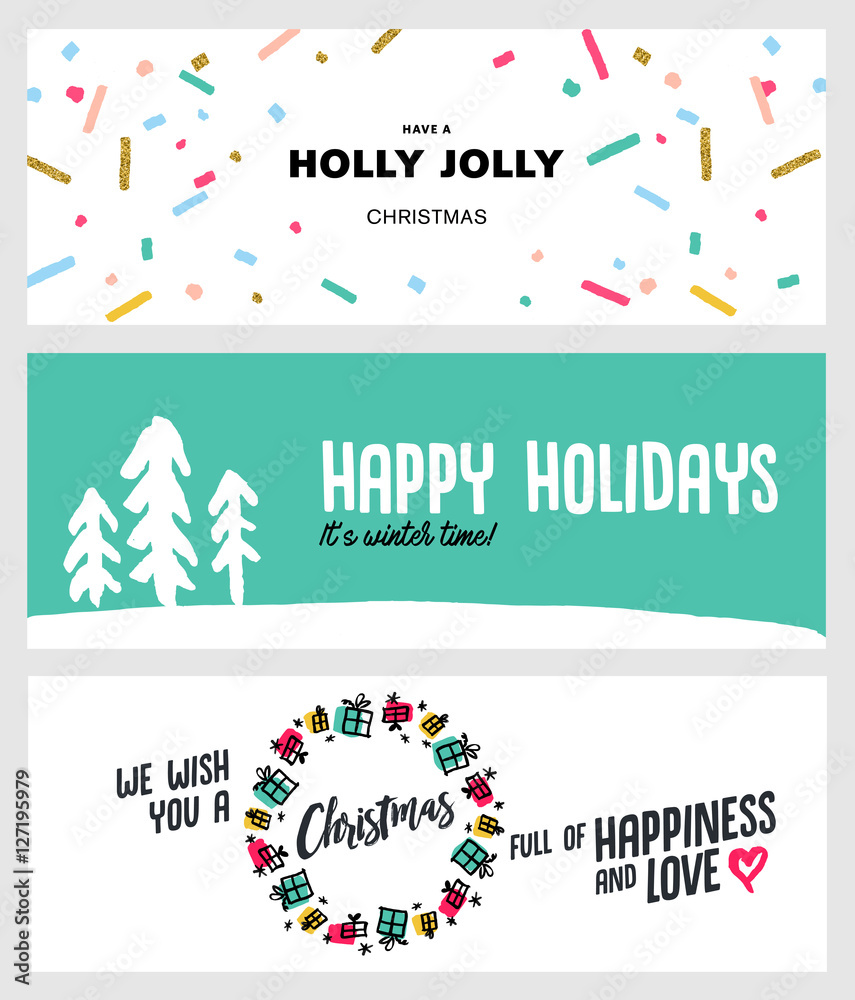 Naklejka premium Set of Christmas and New Year social media banners. Hand drawn vector illustrations for website and mobile banners, internet marketing, greeting cards and printed material design.