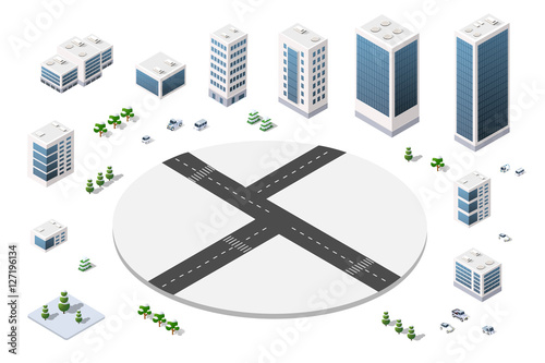 A large set of isometric urban objects. A set of urban buildings, skyscrapers, houses, supermarkets, roads and streets