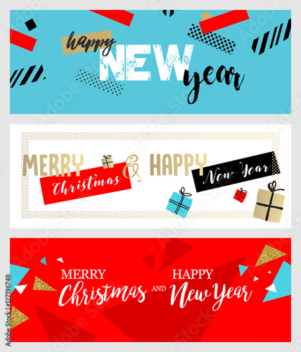 Set of Christmas and New Year social media banners. Hand drawn vector illustrations for website and mobile banners, internet marketing, greeting cards and printed material design.