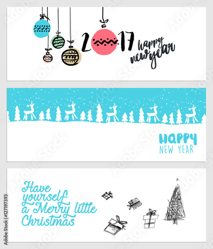 Set of Christmas and New Year social media banners. Hand drawn vector illustrations for website and mobile banners, internet marketing, greeting cards and printed material design.
