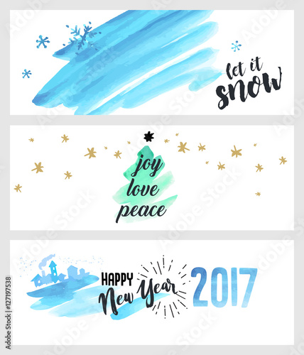 Set of Christmas and New Year social media banners. Hand drawn vector illustrations for website and mobile banners, internet marketing, greeting cards and printed material design.