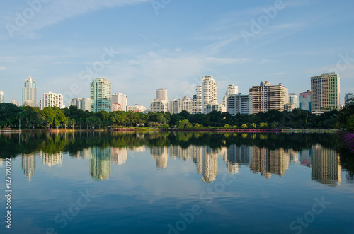 the skyline of metropolis building with the green park and blue sky background , the city park reflection from water in lake. © thithawat