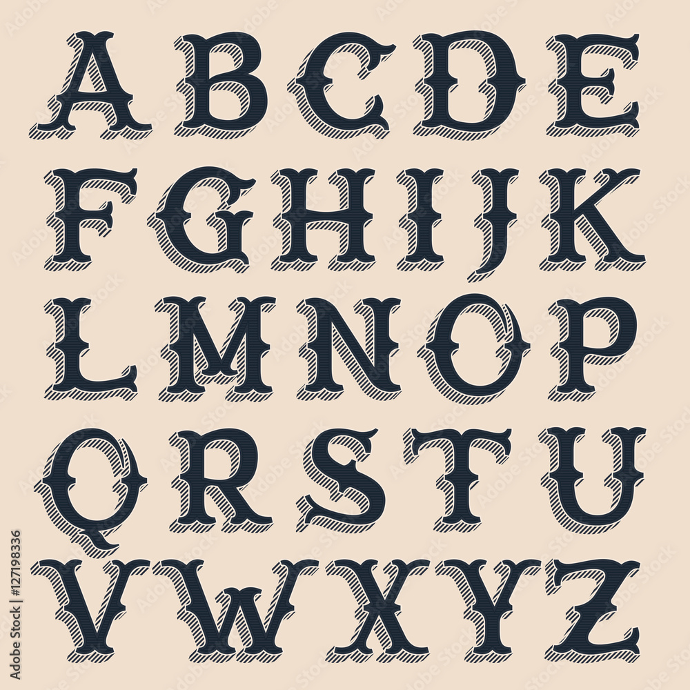 Retro alphabet. Vintage western style volume typeface with lines Stock ...