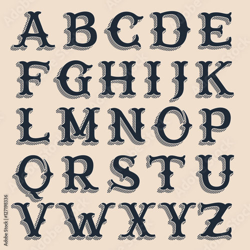 Retro alphabet. Vintage western style volume typeface with lines