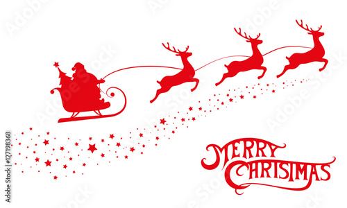 Merry Christmas banner. Silhouette Santa Claus in sleigh with deers flying on stars background. Design elements for decoration holiday poster, flyer, greeting card. Cartoon style. Vector illustration