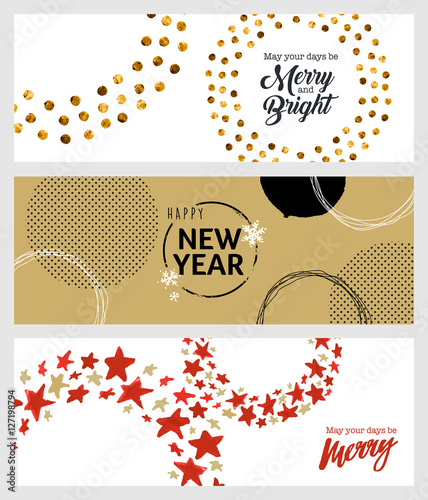 Set of Christmas and New Year social media banners. Hand drawn vector illustrations for website and mobile banners, internet marketing, greeting cards and printed material design.