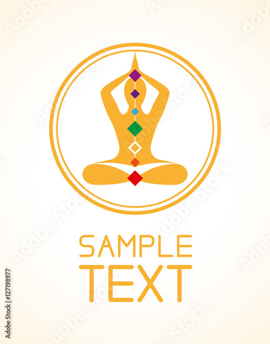 Emblem of yoga man with crystals gemstones chakra on white background. Vector logo. For identity, ad, jewelry company