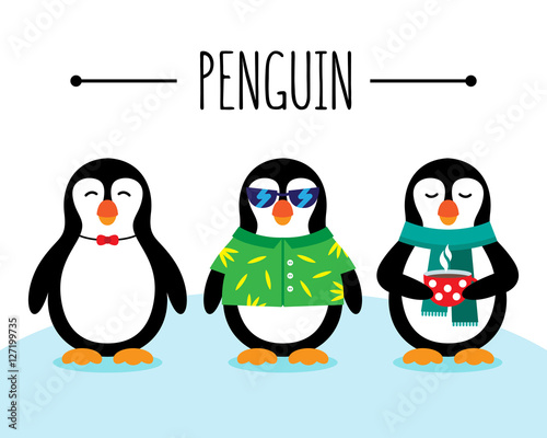 Cute penguins wild life animal illustrations. Funny penguins stand on snow