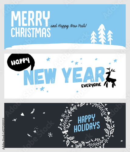Set of Christmas and New Year social media banners. Hand drawn vector illustrations for website and mobile banners, internet marketing, greeting cards and printed material design.