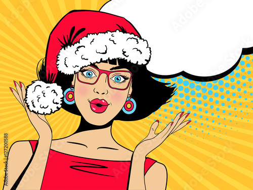 Pop art wow christmas face. Sexy surprised woman in red Santa Claus hat with open mouth, rising hands, speech bubble. Vector Christmas background in pop art retro comic style. Party invitation.