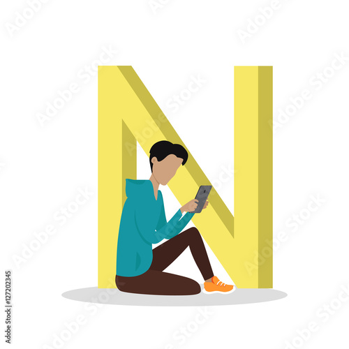 N Letter and Boy Reading E Book. ABC Vector