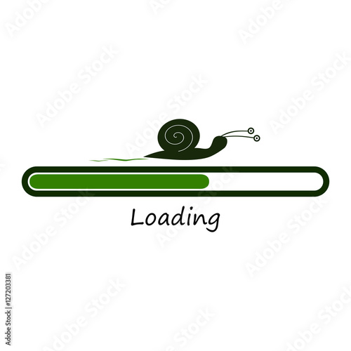 Slow green progress loading bar with snail. Funny concept. Vector illustration isolated on white background.