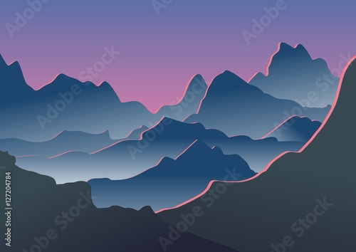 Blue mountains in the fog. Vector illustration.