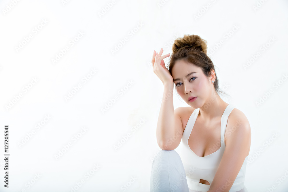 Asian model portrait brunette woman isolated white background. Asian model portrait brunette woman isolated white background.