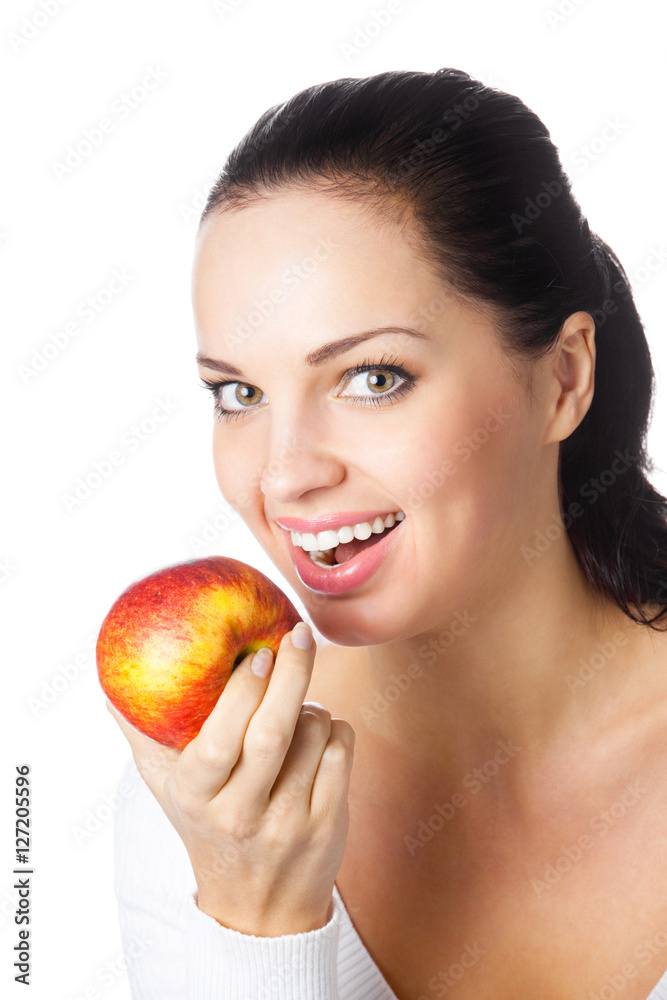 Portrait of young happy smiling woman with apple, isolated on wh Portrait of young happy smiling woman with apple, isolated on wh