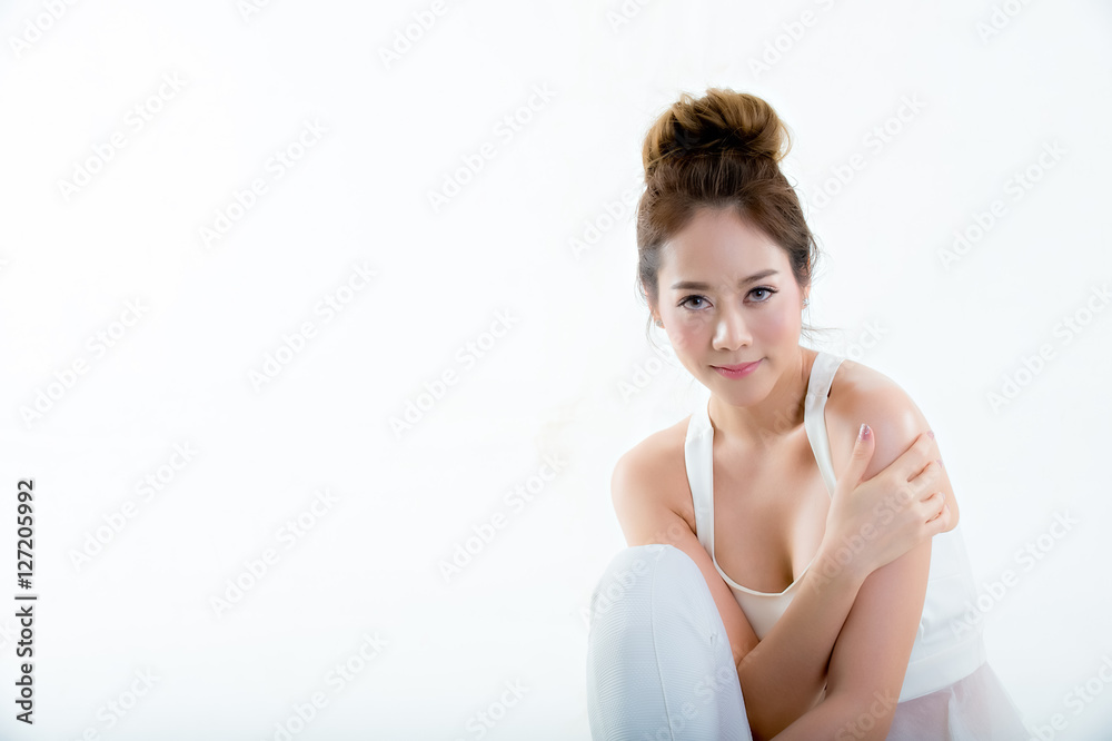 Asian model portrait brunette woman isolated white background. Asian model portrait brunette woman isolated white background.