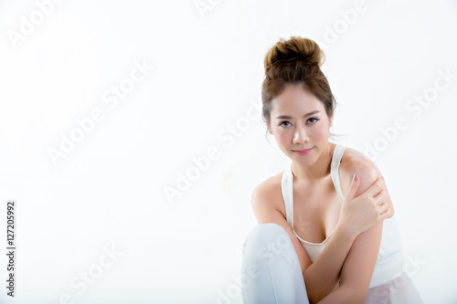 Asian model portrait brunette woman isolated white background.