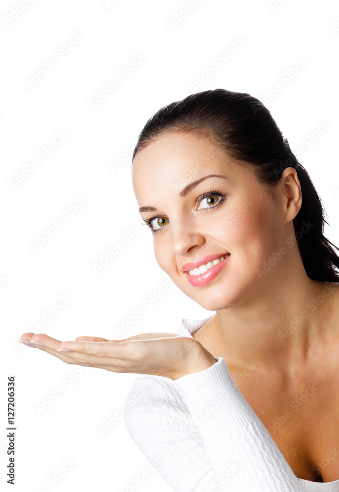 Portriat of showing happy smiling woman, isolated Portriat of showing happy smiling woman, isolated