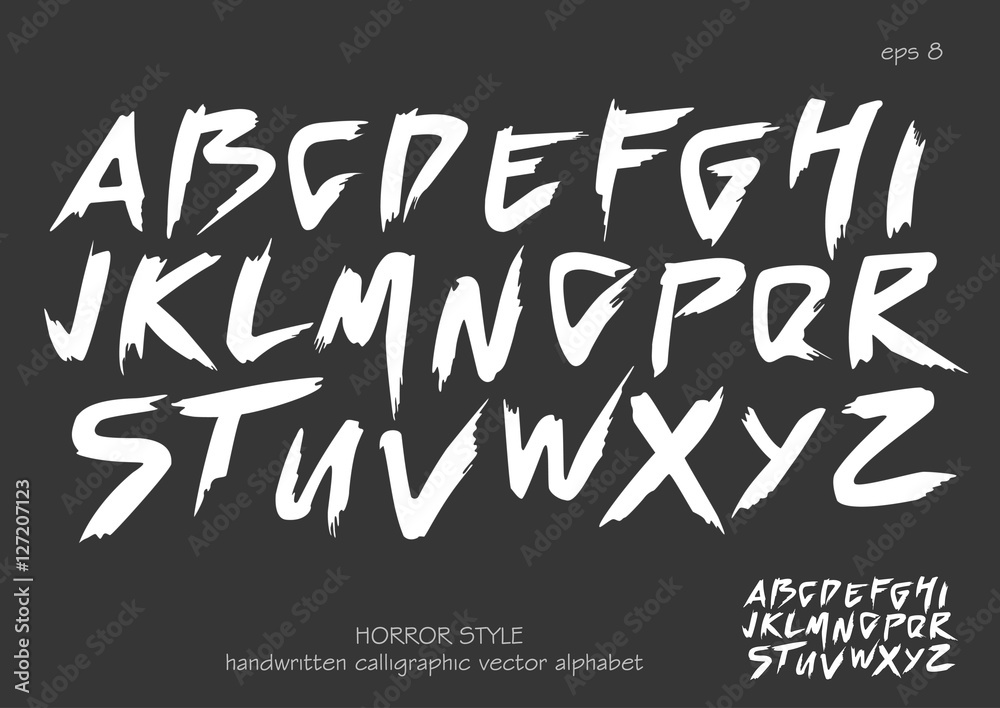 Alphabet vector set of white capital handwritten letters on black background. Handwritten italic font with brush strokes in horror style. Alphabet vector set of white capital handwritten letters on black background. Handwritten italic font with brush strokes in horror style.