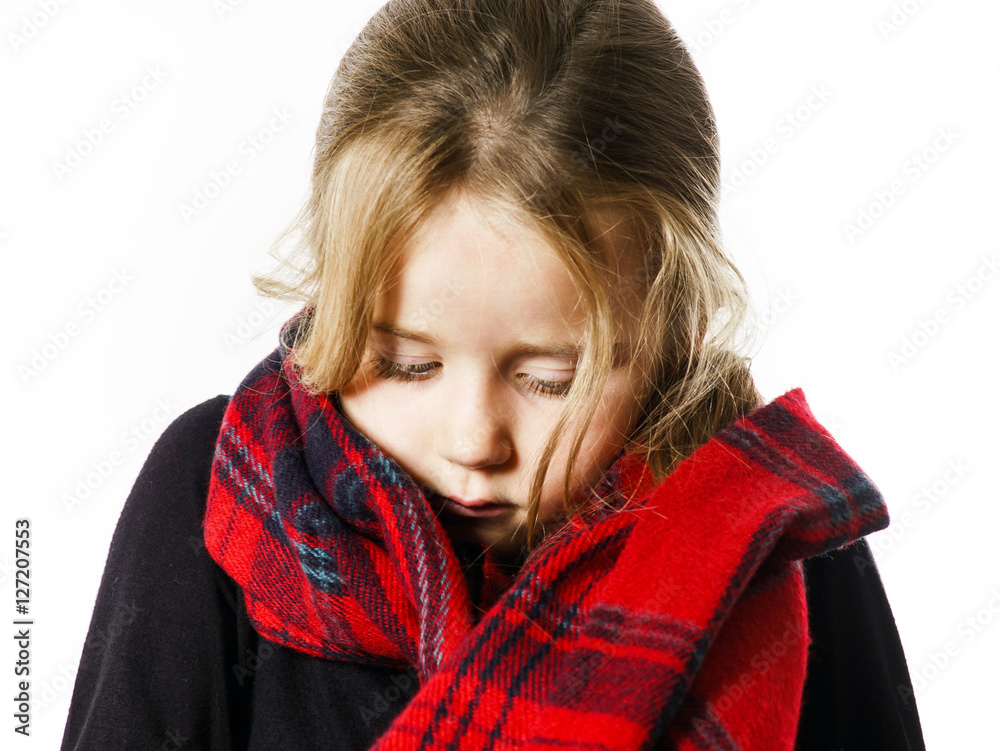 Cute little girl dressing by red comfort scarf Cute little girl dressing by red comfort scarf
