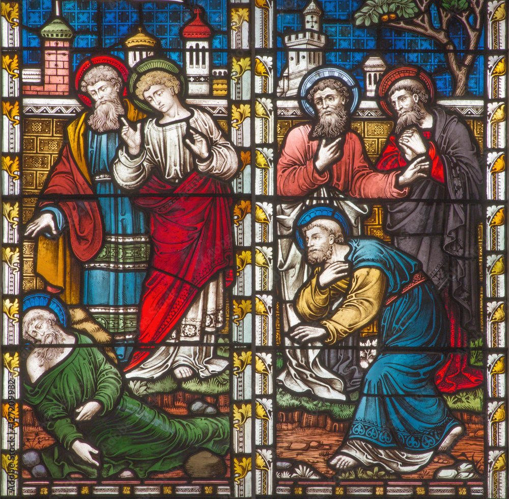 ROME, ITALY - MARCH 9. 2016: The scene St. Paul after stoning at Lystra on the stained glass of All Saints' Anglican Church by workroom Clayton and Hall (19. cent.)
